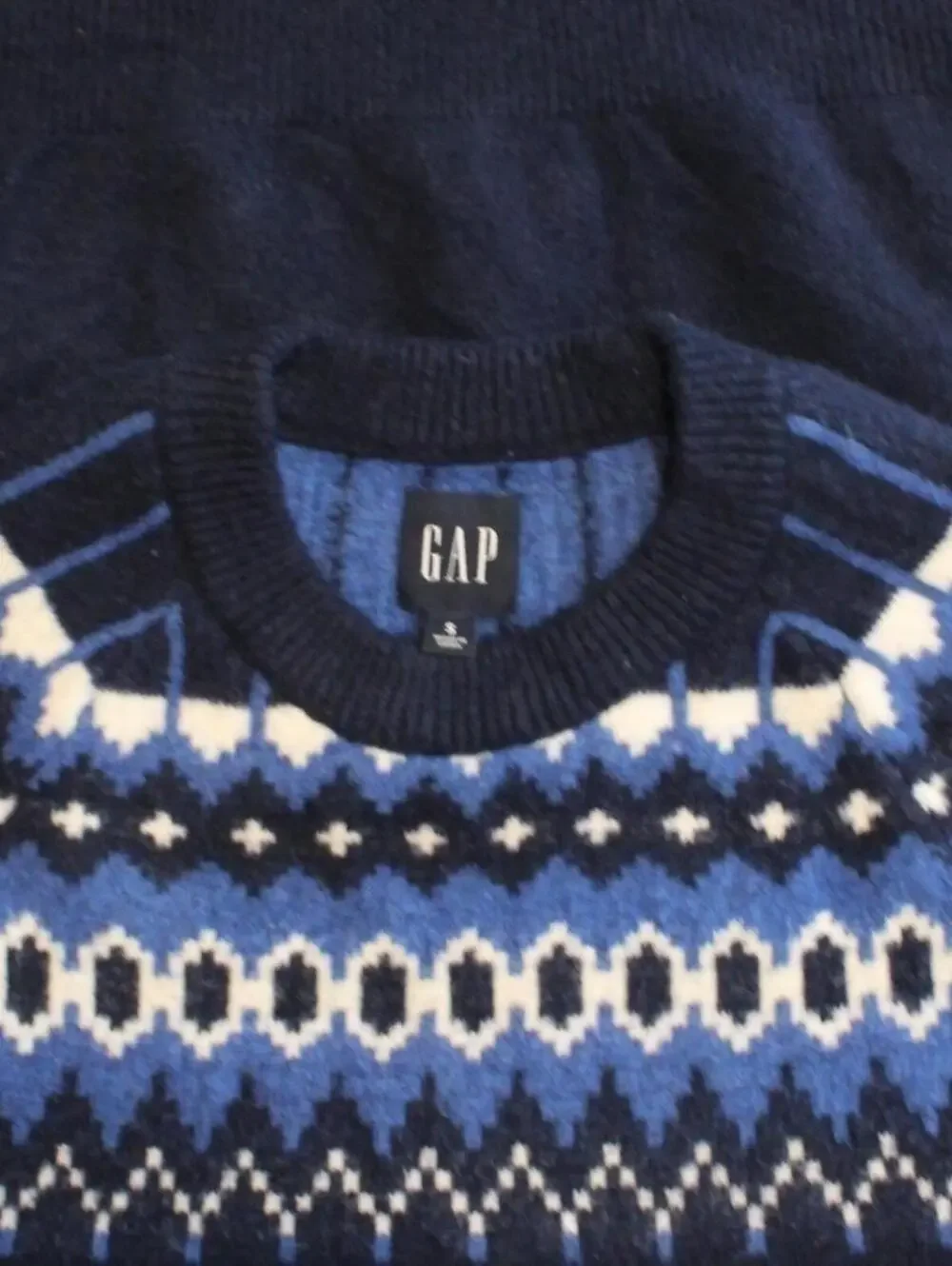 Gap $88 Small Navy Blue White Fair Isle Nordic Crew Neck Wool Blend Sweater